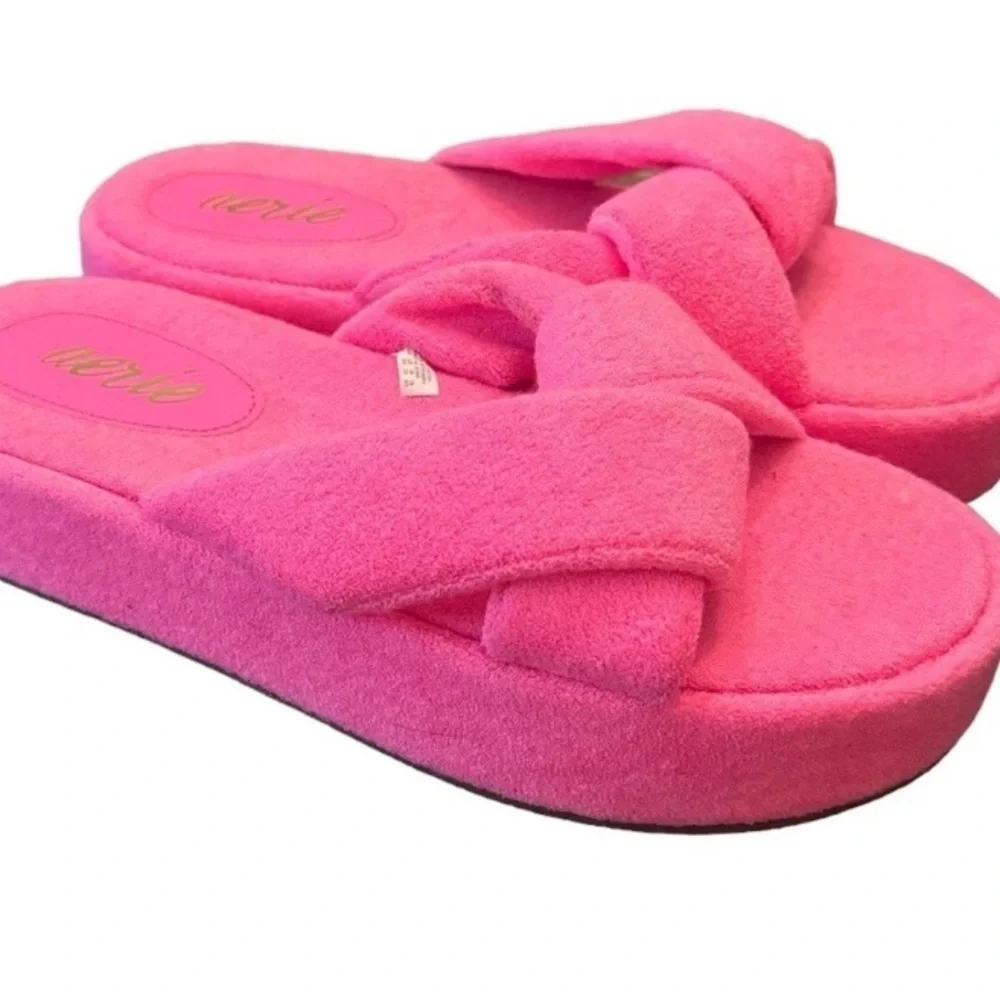 aerie Bright Pink Knotted Terry Platform Slides 10